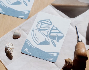 Postcard with boats, abstract art print, natural paper with structure, DIN A6