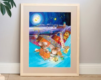 Children's poster City Mice, watercolor illustration, digital print, uncoated paper, DIN A3