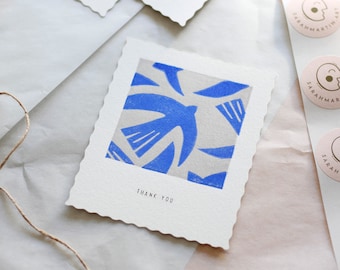 Postcard Thank You, Abstract Art Print with Birds, Natural Paper with Wave Edge