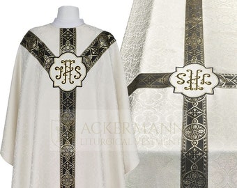Funeral set of chasuble and funeral pall in cream with black orphreys