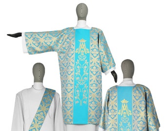 Marian dalmatic with deacon stole decorated of woven liturgical pattern