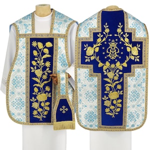 Blue Marian Roman Chasuble with stole, burse, maniple and chalice veil