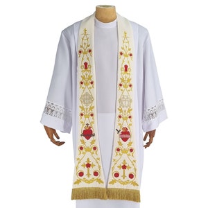 Roman stole with embroidered Sacred Heart of MARY and JESUS