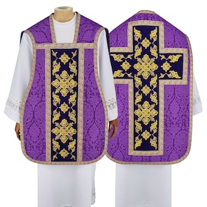 Roman Chasuble with stole, burse, maniple and chalice veil.