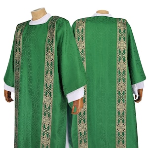 May include: Green liturgical vestment with gold trim and a white lace trim. The vestment has a floral pattern and is worn by a priest during a religious service.