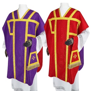 May include: Two liturgical vestments, one purple and one red, with gold trim and embroidered crosses. The vestments are made of a brocade fabric and have a traditional design.