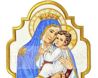 May include: Embroidered patch featuring a depiction of the Virgin Mary and baby Jesus. The Virgin Mary is wearing a blue robe with gold trim and a crown. The baby Jesus is wearing a white robe and is being held by the Virgin Mary. The patch is surrounded by a gold frame.