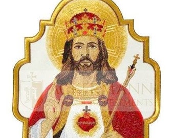 May include: Embroidered patch featuring a depiction of Jesus Christ wearing a crown of thorns and a red robe. He holds a scepter in his right hand and a heart with a cross on his chest. The patch is surrounded by a gold frame.