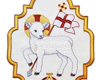 May include: Embroidered patch with a white lamb standing on a gold halo, holding a red and white flag with a gold cross. The lamb is standing on a gold omega symbol. The background is white with a gold border.