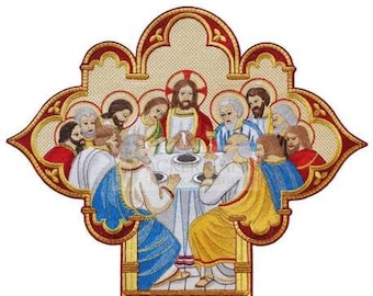 May include: Embroidered depiction of the Last Supper, featuring Jesus Christ and his disciples gathered around a table. The scene is set against a white background with gold accents and a red and gold frame.