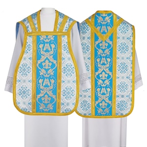 Blue Marian Roman Chasuble with stole, burse, maniple and chalice veil