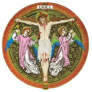 May include: Embroidered patch depicting a religious scene with Jesus Christ on the cross, flanked by two angels. The inscription "I.N.R.I." is visible above Jesus. The patch features a gold, green, and red color scheme.