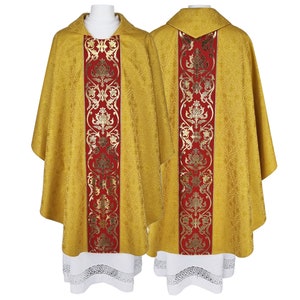 Gothic Chasuble and stole, vestment for Priest decorated of red woven orphreys