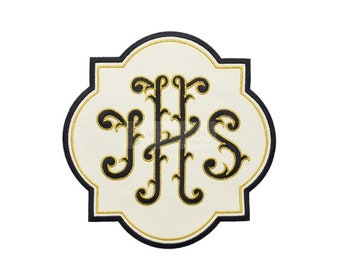 May include: A gold embroidered "IHS" monogram on a white background with a black border. The monogram is in a decorative, ornate font.