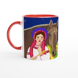 Ukrainian mug, stop war mug, dreamy drawing, Ukrainian woman mug, horse lover mug
