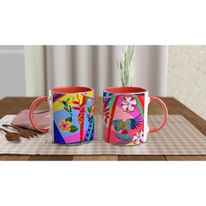Tropical birds mug, tropical flowers mug, ceramic mug, colourful mug, fun ceramic mug, mug gift