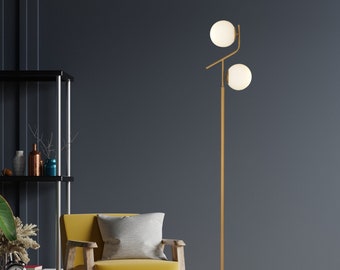 Vintage vloerlamp, gouden kleur vloerlamp, metalen vloerlamp, wit glas, industriële chique vloerlamp, modern design metalen vloerlamp, 173cm