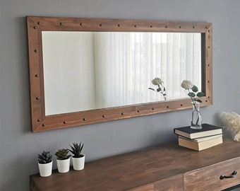 Unieke rechthoekige muurspiegel, houten ingelijste spiegel, minimalistische spiegel, gangmuurdecor, bruine woonkamerspiegel, luxe muurdecor