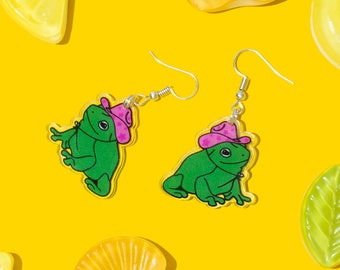 BUNNYBOOP Western Whimsycal: Playful Pink-Hatted Frog Earrings - Quirky, Funny and Weird Earrings