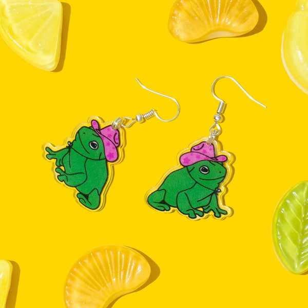 BUNNYBOOP Western Whimsycal: Playful Pink-Hatted Frog Earrings - Quirky, Funny and Weird Earrings