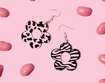 Mismatched Flower Earrings: Zebra and Cow Print Acrylic Earrings