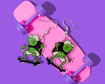 Skateboard Frog-oorbellen: eigenzinnige acrylsieraden