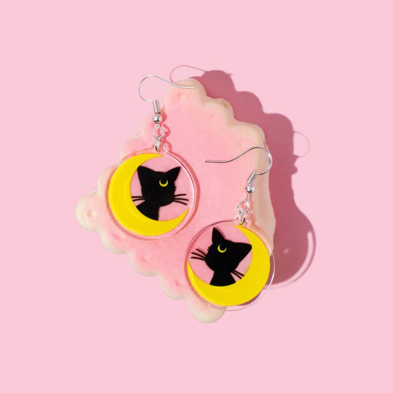Puede incluir: Un par de pendientes de plata con una silueta de gato negro sobre una luna creciente amarilla. Los pendientes est&aacute;n sobre un fondo rosa.