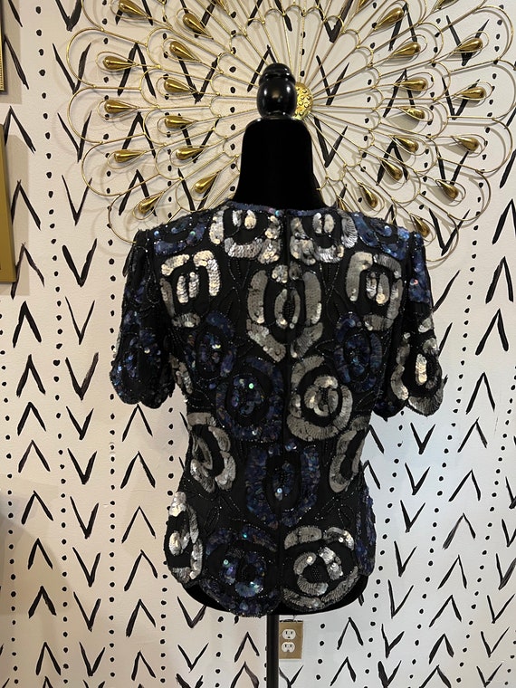 VTG Navy Blue and Silver Floral Sequin Top M - image 2