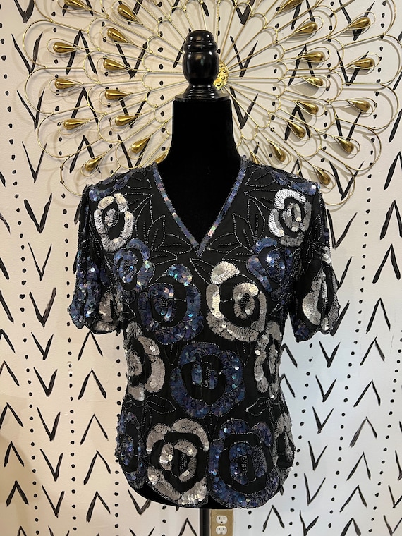 VTG Navy Blue and Silver Floral Sequin Top M - image 1