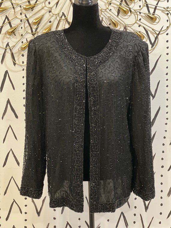 VTG Laurence Kazar Black Beaded Jacket 1X