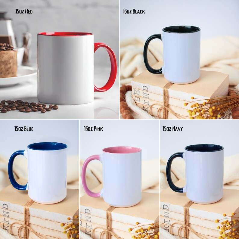 May include: Set of six 15 ounce ceramic mugs with different colored rims. The mugs are white with a black, blue, navy, pink, or red rim. The mugs are arranged in a grid pattern on a white background.