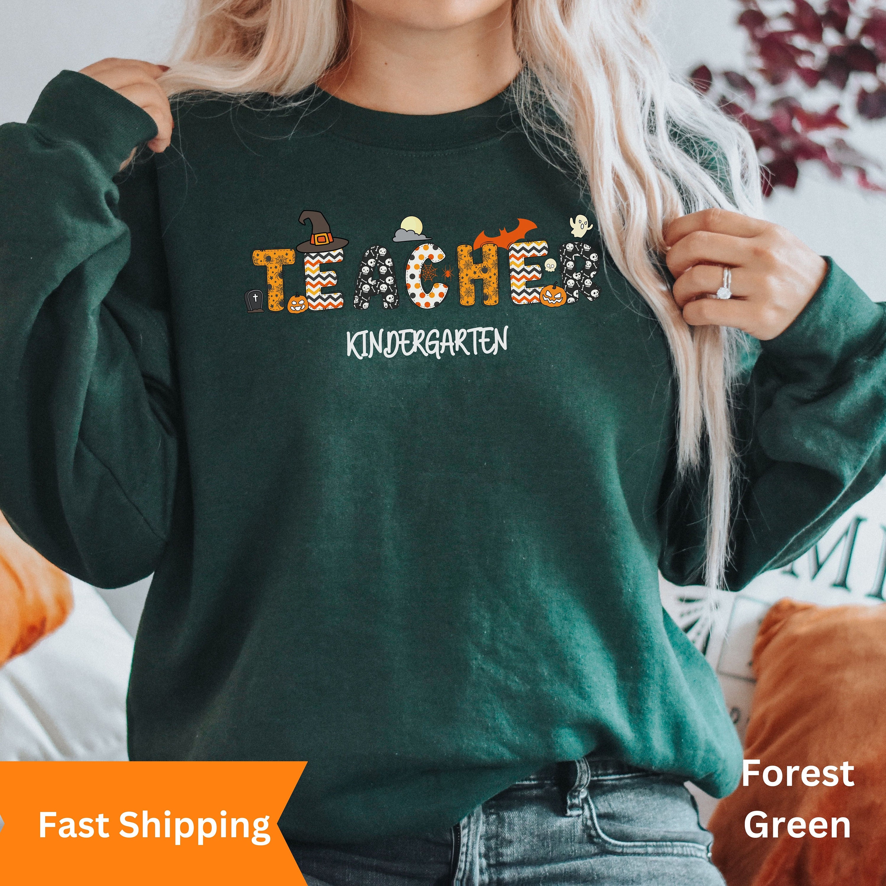 Discover Halloween Kindergarten Teacher Sweatshirt, Kindergarten Team Shirt, Spooky Fall Teacher Appreciation Gift, Back To School Retro Sweatshirt