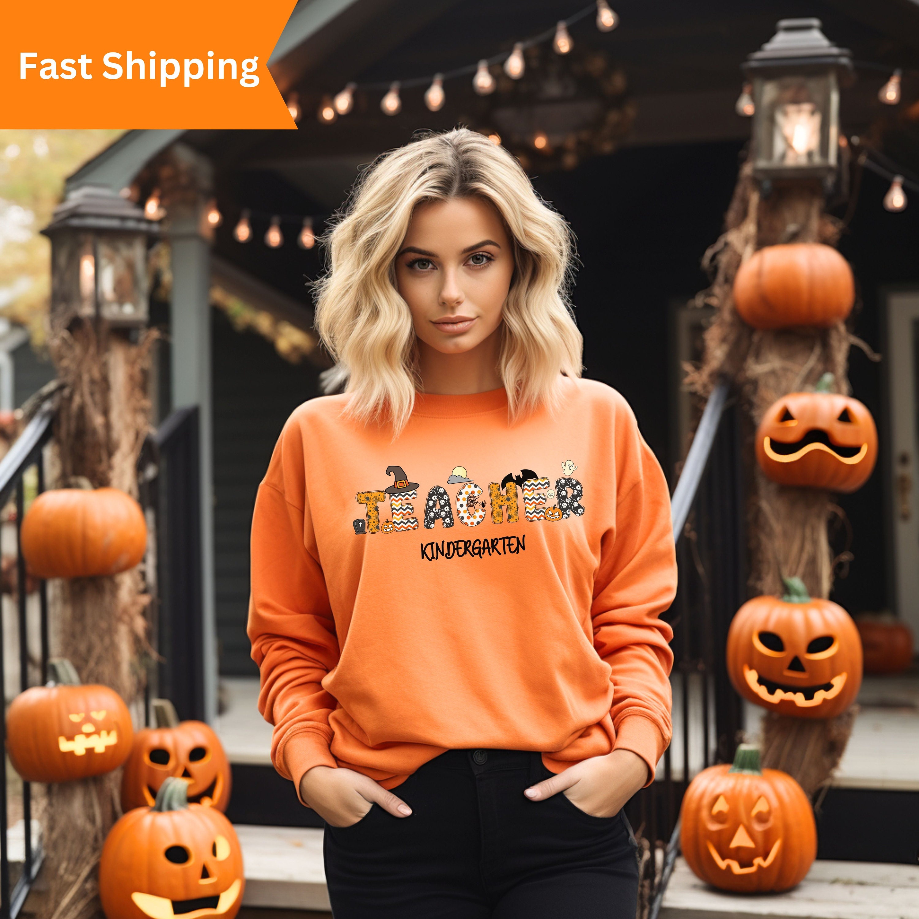 Discover Halloween Kindergarten Teacher Sweatshirt, Kindergarten Team Shirt, Spooky Fall Teacher Appreciation Gift, Back To School Retro Sweatshirt