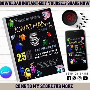 Among us Invitation - Editable Kids Invitation - Kids Digital Invite - Modern Among us Game Evite - Printable With Canva - Instant Download