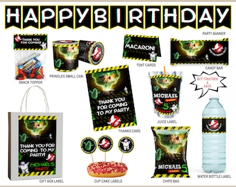 May include: Printable party labels featuring a Ghostbusters theme. The labels include a party banner, tent cards, a thank you card, a juice label, a crisps bag, a water bottle label, a snack topper, a Pringles can label, a gift box label, and cupcake labels. The labels are yellow and black with a cartoon image of the Ghostbusters logo and characters.