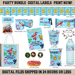 Etichette per confezione da festa Super Wings - Borsa per patatine - Borsa per bomboniere - Succo - Bottiglia d'acqua - Etichetta di cioccolato - Biglietto di ringraziamento - Banner - DOWNLOAD DIGITALE