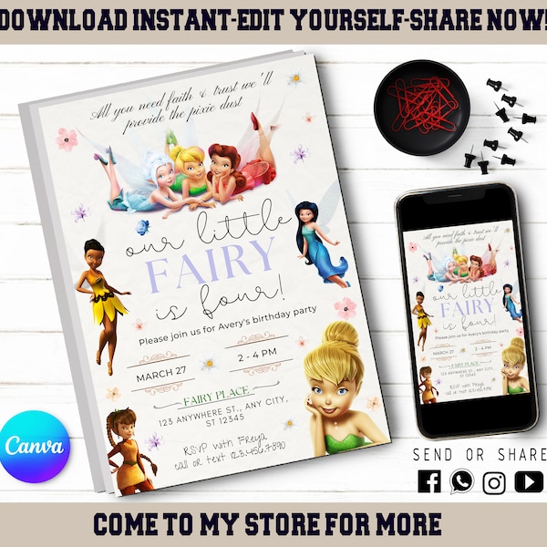 TinkerbellInvitation - Editable Kids Invite - Kids Digital Invite - Modern Tinkerbell Evite - Printable With Canva - Instant Download