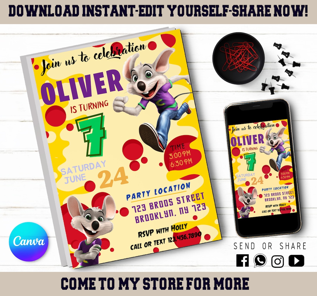 Chuck E Cheese Invitation - Editable Kids Invite - Kids Digital Invite ...