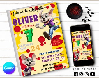 Chuck E Cheese Invitation - Editable Kids Invite - Kids Digital Invite - Modern Chuck E Cheese Evite -Printable With Canva- Instant Download