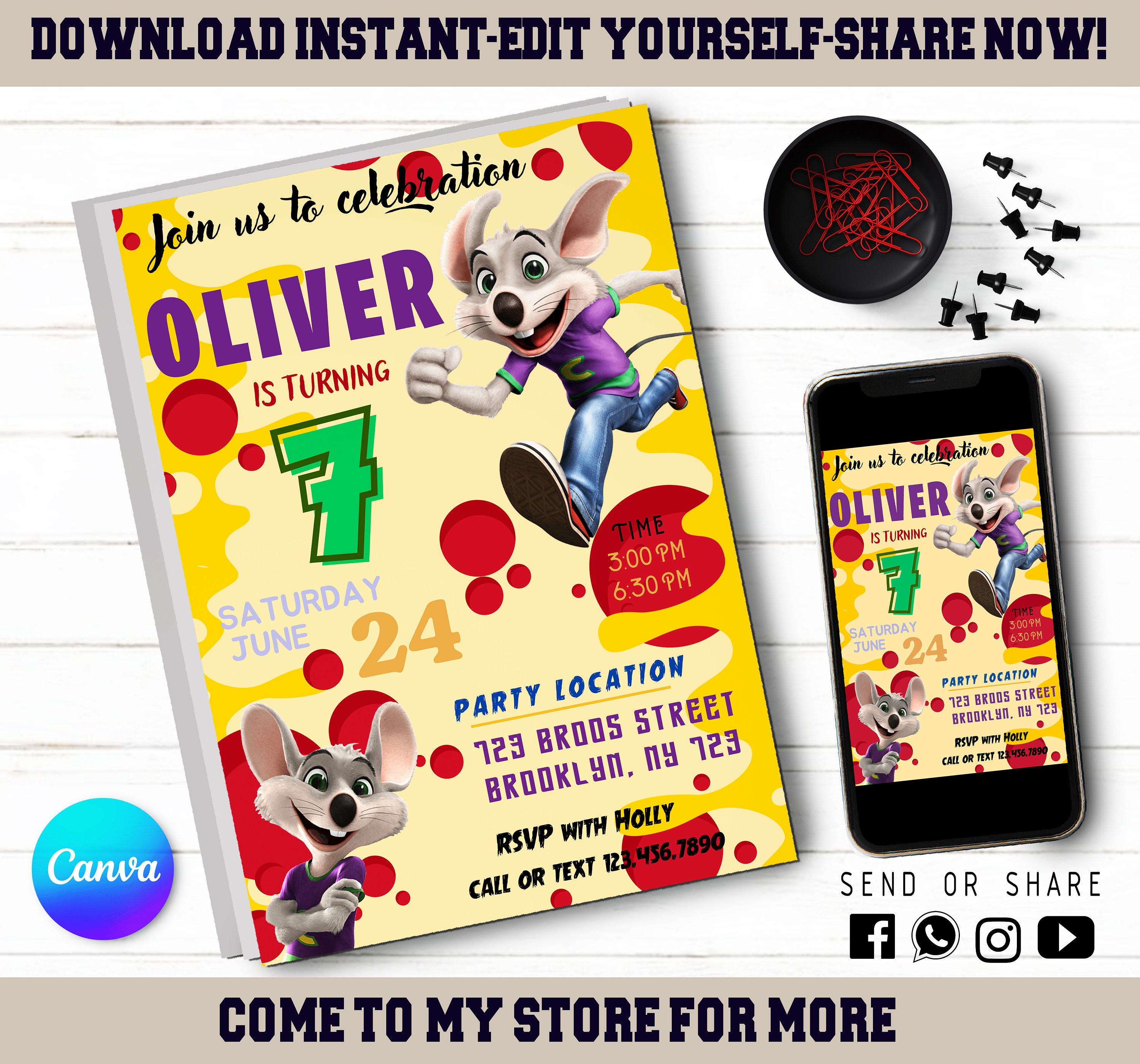 Chuck E Cheese Invitation - Editable Kids Invite - Kids Digital Invite ...