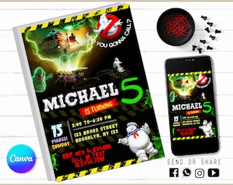 May include: A printable invitation for a 5th birthday party with a Ghostbusters theme. The invitation features a black background with a green and yellow design. The text on the invitation reads "Michael is turning 5" and includes the date, time, and location of the party. The invitation also features a cartoon image of a Ghostbuster and a Stay Puft Marshmallow Man.