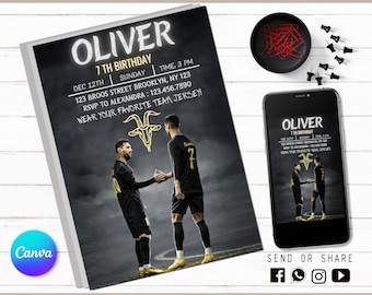 Soccer Star Invitation - Editable Kids Invite - Kids Digital Invite - Modern Ronaldo Messi Evite - Printable With Canva - Instant Download