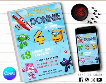 May include: A printable birthday party invitation featuring cartoon airplanes and the text "Duty calls us! Strong wings to the party Donnie is turning 4. Saturday-June 3:00-6:30 PM. Party Station 123 Broos Street Brooklyn, NY 123. RSVP with Mom Call or Text 123.456.7890. Come to my store for more. Send or share."