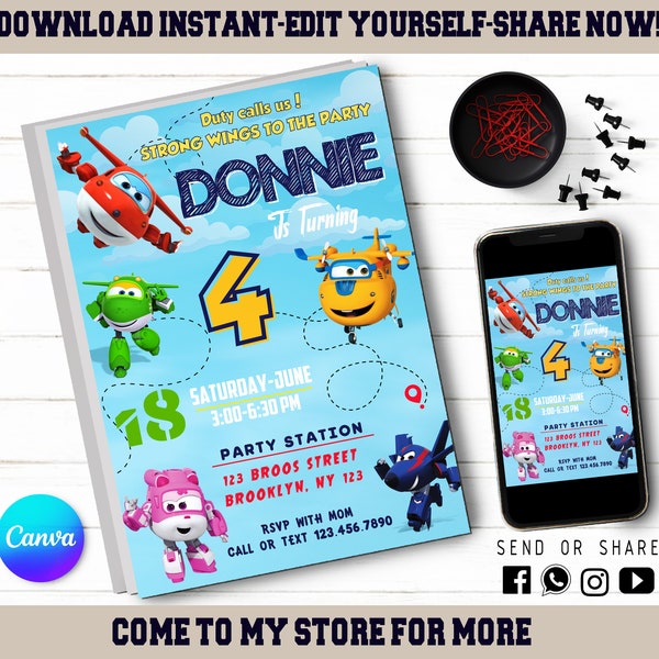 Super Wings Invitation - Editable Kids Invite - Kids Digital Invite - Modern Super Wings Evite - Printable With Canva - Instant Download