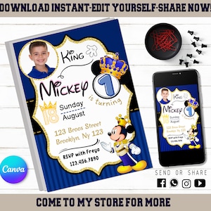 Mickey Royal uitnodiging - bewerkbare kinderuitnodiging - digitale uitnodiging voor kinderen - moderne Evite - afdrukbaar met Canva - Instant Download