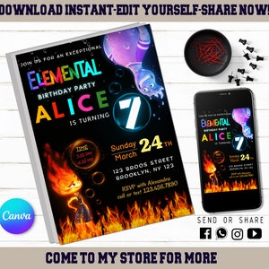 May include: A printable birthday invitation for a 7-year-old girl named Alice. The invitation features a black background with a colorful "Elemental" birthday party theme. The invitation includes the date, time, and location of the party. The invitation also includes a phone number for RSVP.
