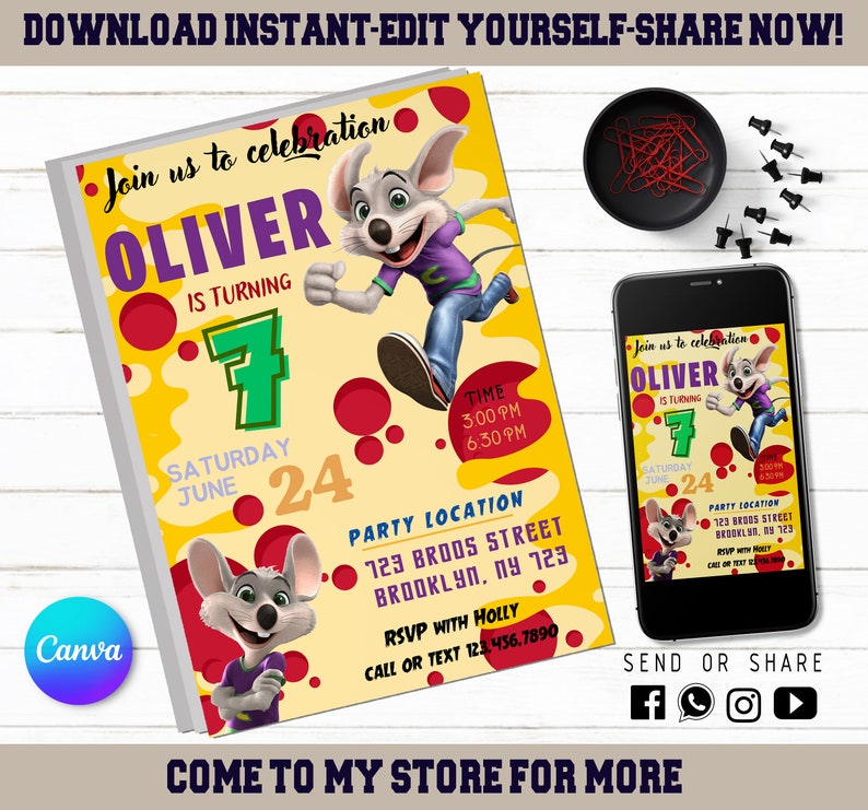 Chuck E Cheese Invitation Editable Kids Invite Kids Digital Invite ...