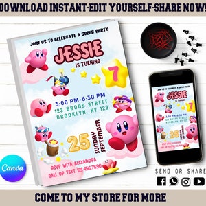 Invitación Kirby - Invitación editable para niños - Invitación digital para niños - Kirby Evite moderno - Imprimible con Canva - Descarga instantánea