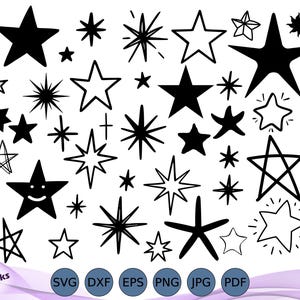 Puede incluir: Una colección de ilustraciones de estrellas en blanco y negro en varios tamaños y estilos. Algunas estrellas son sólidas, otras están delineadas y algunas tienen líneas radiantes. La imagen incluye el texto "Orbit Woodworks" e iconos de tipo de archivo: SVG, DXF, EPS, PNG, JPG y PDF.