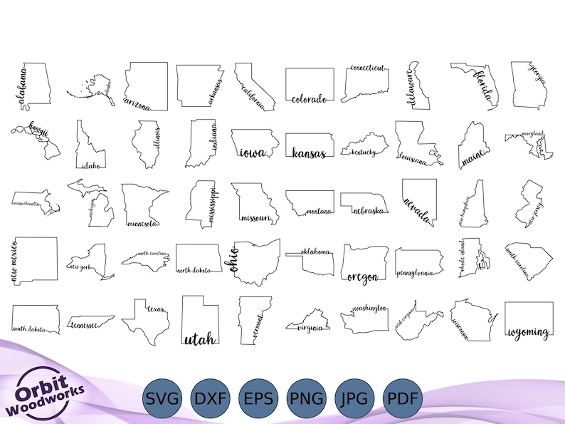 All 50 States With Names Bundle SVG DXF EPS, United States Clipart ...